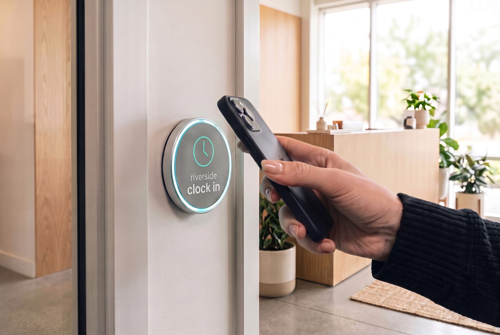 In a bright lobby, a hand holds a phone against a round wall tag showing a clock icon and the words riverside, clock in.